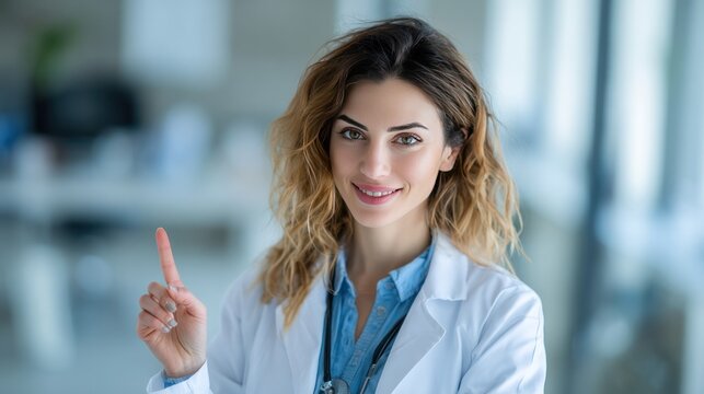 Confident Medical Professional: A skilled and confident female doctor, radiating warmth and expertise, points upward with a gentle smile, symbolizing guidance and trust.