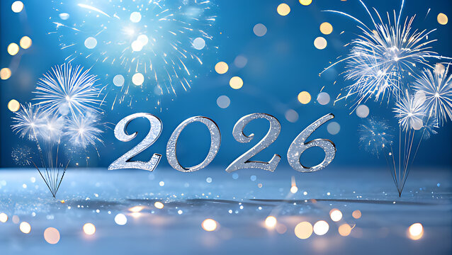 Festive 2026 new year celebration with sparkling fireworks and bokeh lights on a blue background, symbolizing joy and anticipation