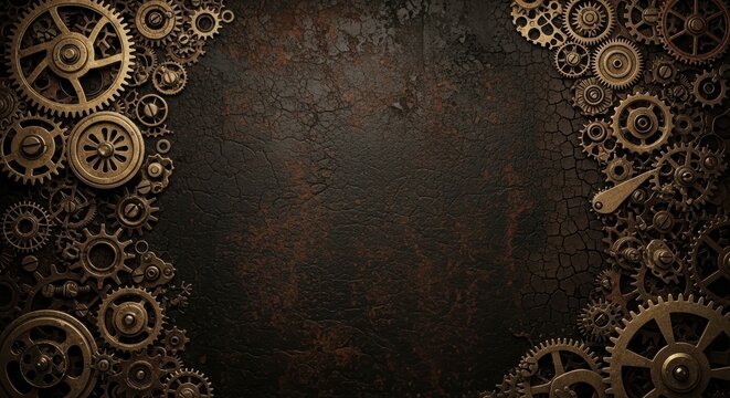 Intricate gears and cogs frame a vintage texture, perfect for science, engineering and steampunk designs, adding a touch of industrial sophistication