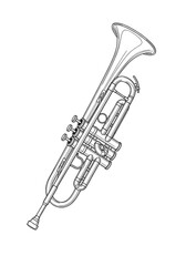 Outline drawing of a classical brass trumpet, a sophisticated wind instrument used in jazz, orchestra, and band music, isolated on white.
