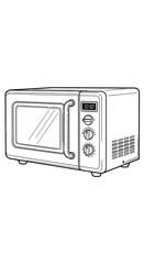 Black and White Line Art Illustration of a Modern Countertop Microwave Oven Appliance Featuring a Digital Display and Dual Rotary Control Knobs.