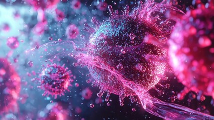 Captivating microscopic imagery of viruses and cells in vibrant colors.