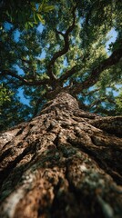 Towering tree perspective, textured bark against a bright blue sky