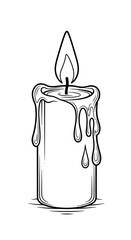 Detailed black and white line art illustration of a burning pillar candle with dramatic melted wax dripping down the sides, perfect for a coloring book page or spooky decoration.