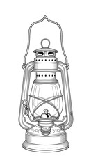Vintage Kerosene Lantern Outline Illustration for Coloring Books and Retro Design – Detailed Line Art of a Classic Oil Lamp