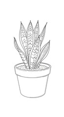 Detailed black and white line art illustration of a potted Snake Plant (Sansevieria), an elegant indoor houseplant with tall, patterned leaves, perfect for coloring pages.