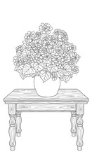 Intricate Line Art Coloring Page of a Lush Floral Arrangement in a Vase Placed on a Detailed Wooden Table