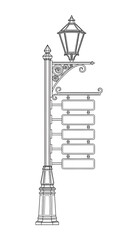 Black and White Outline Drawing of a Vintage Street Lamp Post with Six Blank Directional Sign Boards for Navigation or Decoration