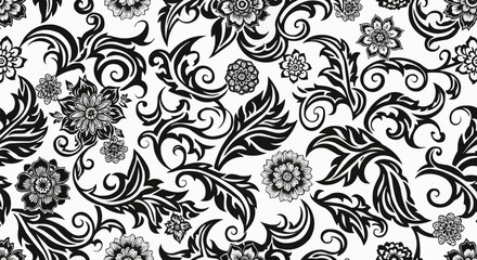 Elegant Black and White Floral Pattern with Swirling Leaves.