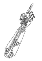 Detailed black and white line art of a futuristic bionic arm prosthesis pointing upward, revealing complex internal mechanical components and hydraulics.