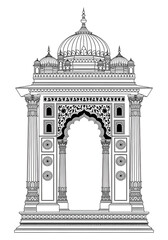 Detailed vector illustration of a traditional Indo-Saracenic architectural archway featuring ornate columns, a cusped mihrab, and a superstructure topped by multiple domes.
