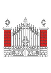 Detailed vector illustration of an elaborate wrought iron entrance gate flanked by classic brick and stone pillars topped with decorative globe-style lanterns.