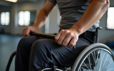 Obraz premium A strong individual in a wheelchair gripping the wheel during a workout in a gym. The close-up highlights determination, strength, and the inclusive nature of adaptive sports. High quality
