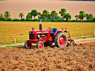 Obraz premium Red tractor plows a furrowed field, symbolizing agricultural work and growth, soil, rural