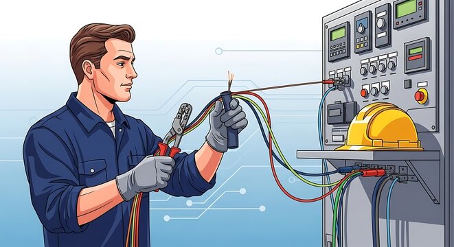 Electrician working on electrical panel with wires and tools.