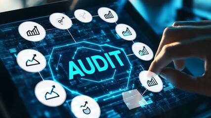 Engaging with digital audit tools, a hand navigates a glowing interface showcasing graphs and data. This process emphasizes accuracy in financial monitoring and transparency in systems. - Powered by Adobe