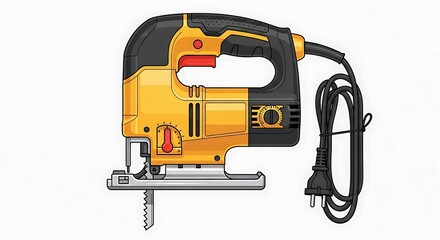 Fototapeta premium Yellow and black electric jigsaw power tool illustration isolated on a white background.