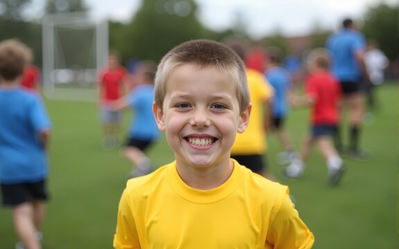 Adaptive Sports for Kids, Smiling Boy in Yellow Shirt at Adaptive Sports Event with Kids Playing. High quality