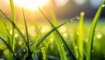 Macro shot of vibrant green grass blades covered in dew drops, illuminated by the soft glow of the sun.