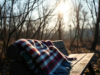 Crisp air, hazy sunlight through bare branches, a cozy scarf on a rustic wooden bench,  fall, autumn