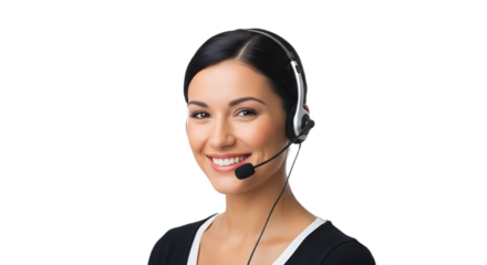 A smiling woman with a headset on a black background looking directly at the camera with a smile
