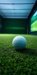 White golf ball with black dot on green field, surrounded by green wall, simulator in background,  leisure,  ball