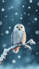 Snowy owl perched on frosted branch, surrounded by soft snowflakes,  winter scene,  winter wonderland