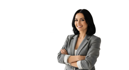 Portrait of a smiling woman with crossed arms wearing a gray blazer in front of a dark background