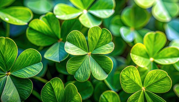 A vibrant, detailed close-up of numerous green clover leaves, with a distinct four-leaf clover at the heart of the frame, set against a soft, blurred background
