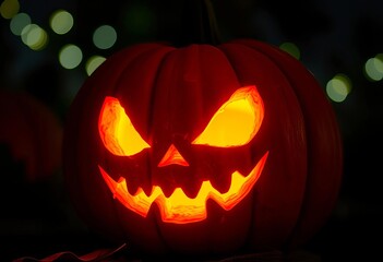 Pumpkin with a carved jack-o'-lantern face glowing eerily in the dark,  spooky,  glowing