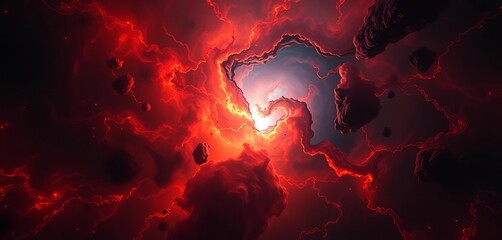 Ominous cosmic nebula with fiery red, orange, and black gases swirling, resembling a dangerous infernal void in deep space,  void,  celestial