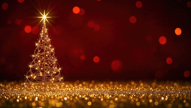 Albero di Natale luminoso dorato su sfondo rosso festivo. Generative AI