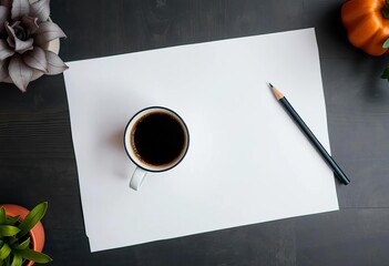 Overhead view of blank paper with coffee and pencil, inviting creative work,  notes,  artistic