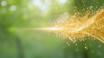 Obraz premium A stunning display of golden particles sparkling in a serene, natural background, embodying beauty and tranquility in nature.