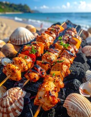 Grilled chicken skewers on a beach with shells and ocean view