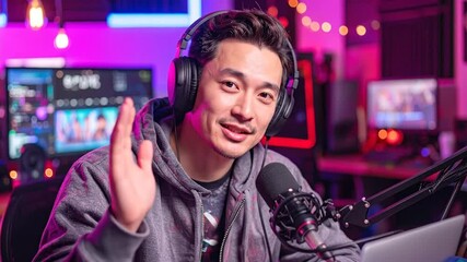 Smiling man with headphones waves at camera while streaming, content creation concept