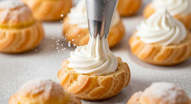 Delicate cream puffs being filled with whipped cream in a pastry shop