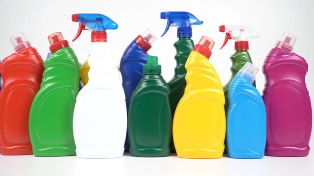 Colorful arrangement of cleaning products in a row, a vibrant display of various bottles, sprayers