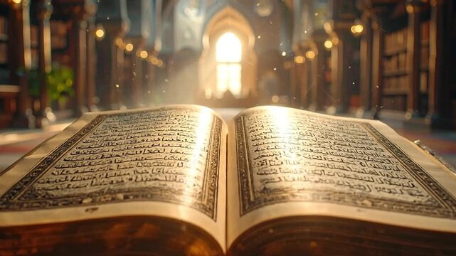 An ancient sacred text lies open, bathed in a radiant golden light that streams through an antique library, symbolizing profound knowledge, spiritual enlightenment, and timeless wisdom