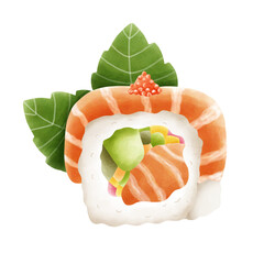 A hand-drawn salmon sushi illustration in soft watercolor style. Perfect for food designs, menus, packaging, stickers, and Japanese-themed creative projects.