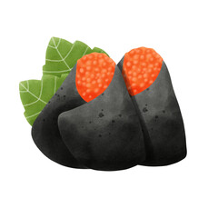 A hand-drawn shrimp and egg sushi (Ebi Tamago) illustration in soft watercolor style. Perfect for food designs, menus, packaging, and Japanese-themed projects.
