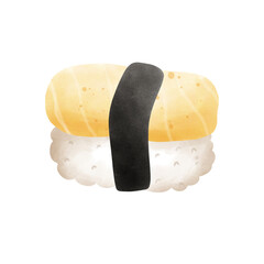 A hand-drawn tamago (egg) sushi illustration in soft watercolor style. Perfect for food designs, menus, stickers, packaging, and Japanese-themed projects.