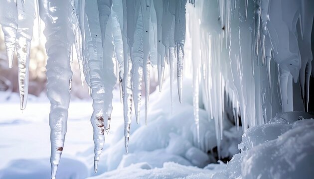 A close-up view of numerous translucent icicles of varying lengths and shapes hanging from an overhang in a winter environment.