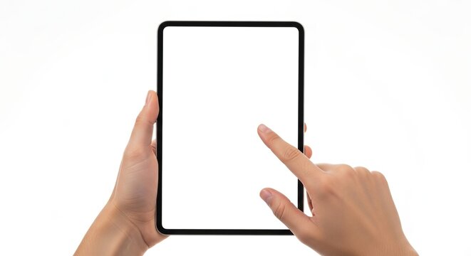 Human hands holding and interacting with a modern digital tablet, featuring a customizable blank white screen perfect for displaying content, demonstrating touch technology and user engagement