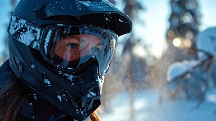 Intense gaze of a woman wearing a snow-splattered helmet, focused on her winter adventure in a snowy forest landscape - Powered by Adobe