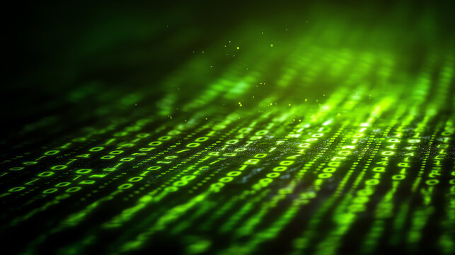A stunning visual of glowing green binary code cascading down, representing digital information flow and technology innovation.