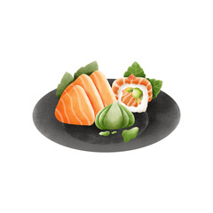 A hand-drawn salmon sushi illustration in a soft watercolor style. Perfect for food designs, menus, packaging, stickers, and Japanese-themed creative projects.