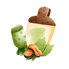 A hand-drawn salmon with wasabi illustration in a soft watercolor style. Perfect for food designs, labels, menus, and seafood-themed projects with clean natural details.
