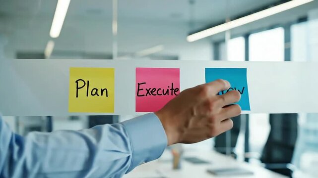 Business strategy concept with sticky notes on glass wall plan execute grow.