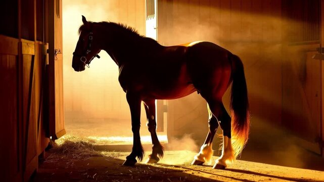 Majestic Horse Silhouette in Barn Doorway: A Golden Moment.